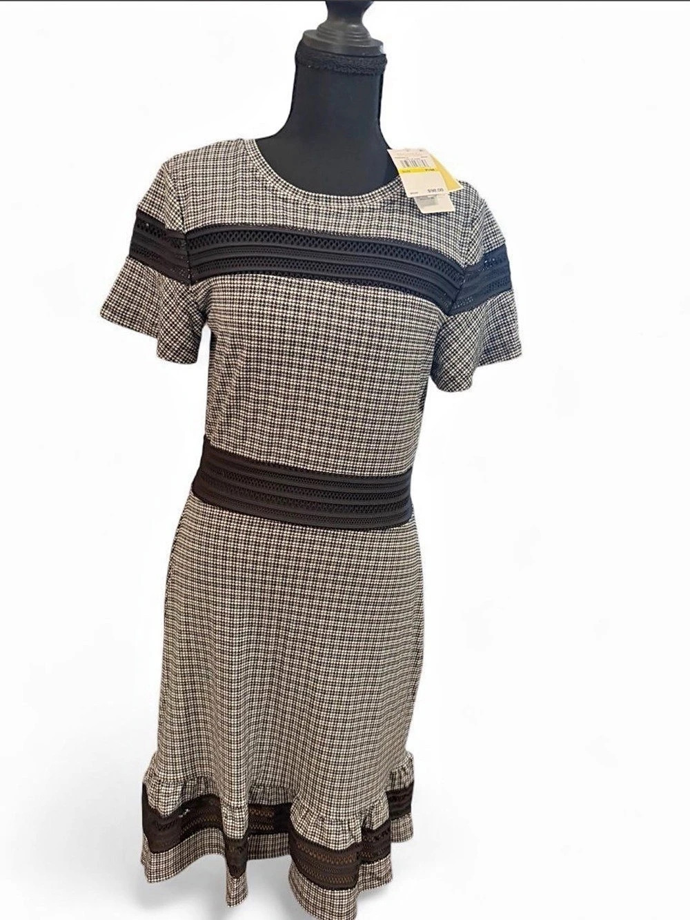 Michael Kors Houndstooth Lace Trim Fit & Flare Dress Midi Dress Black & White